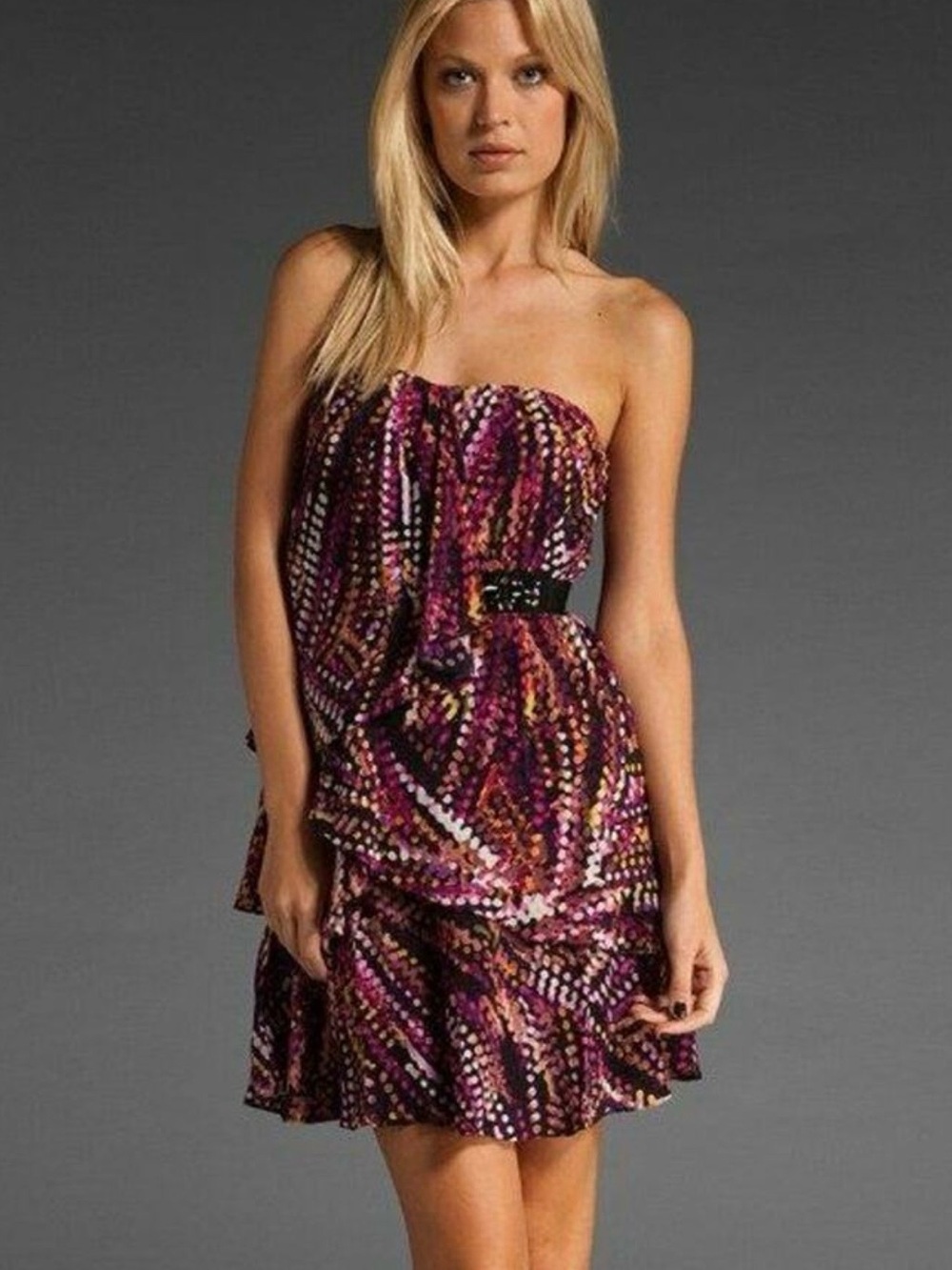 BCBGMaxAzria Strapless Ruffled Mini Dress in Purple and Pink Print